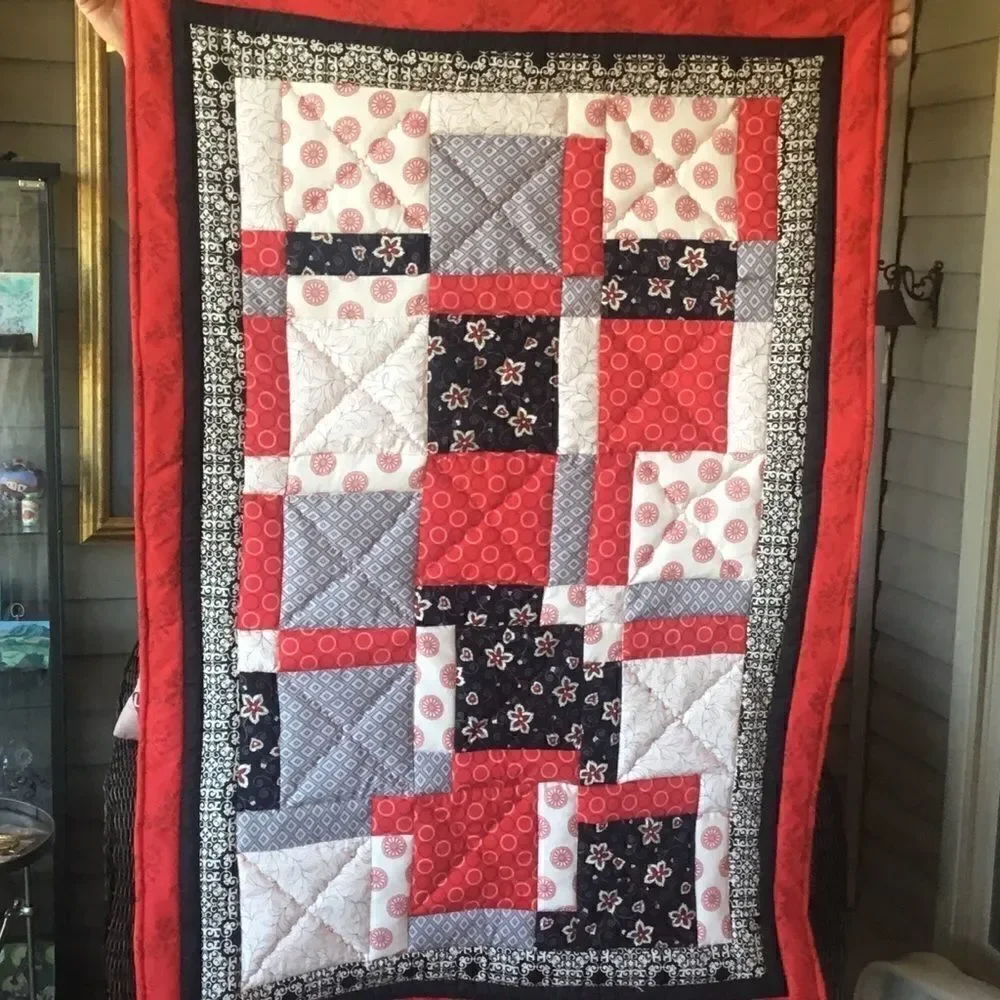 NWT Hand Crafted Red/Black/Grey/White Quilt